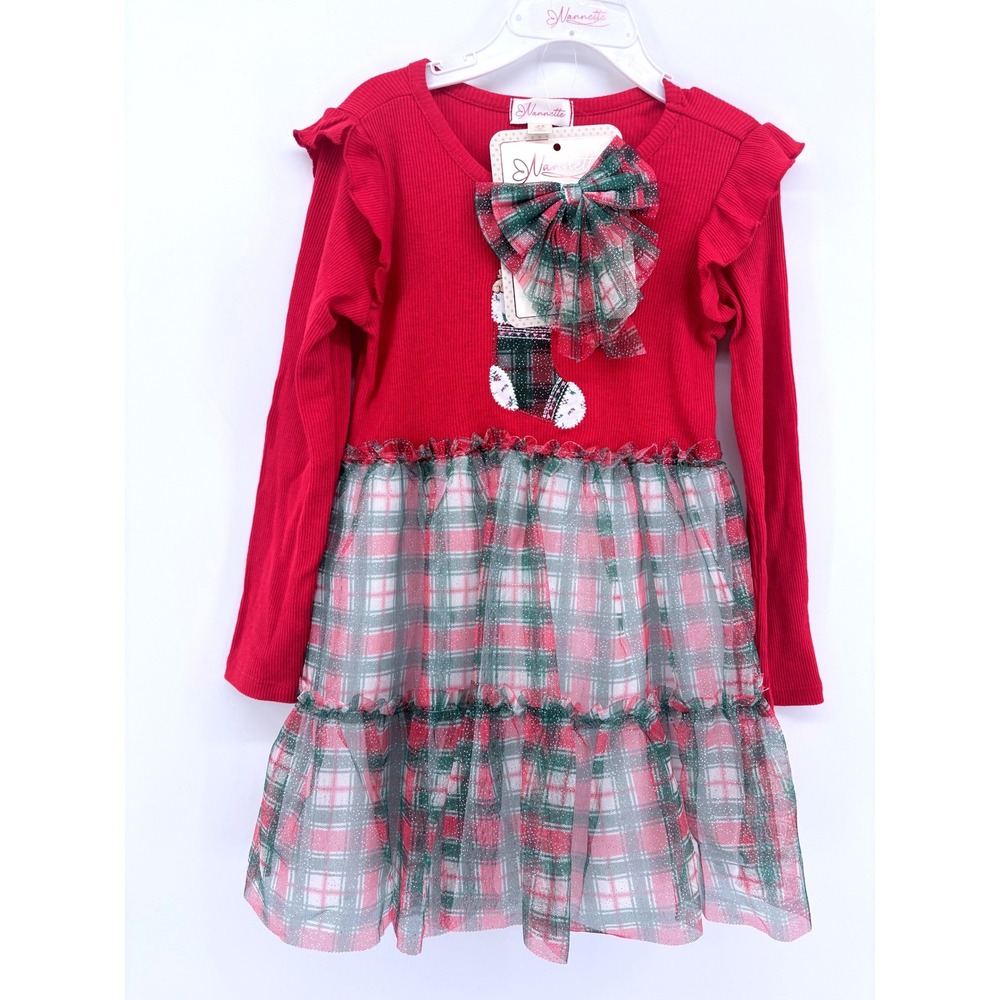 Nannette Girls Red Ribbed Plaid Tulle Holiday Dress Stocking Applique 4T NEW